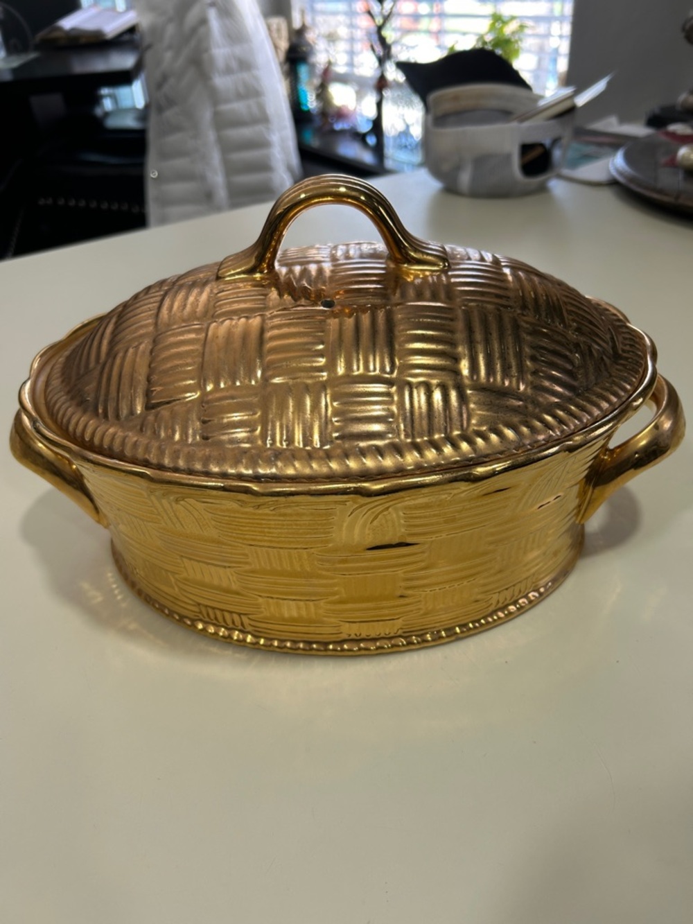 HALL China Gold Ceramic Covered Casserole with Woven-Texture Design